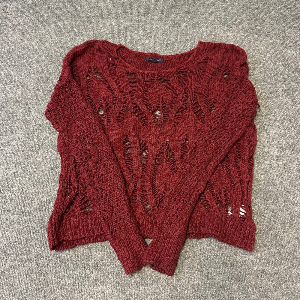 American Eagle Sweater Womens Size M Burgundy Open Knit Crochet Long Sleeve Boho